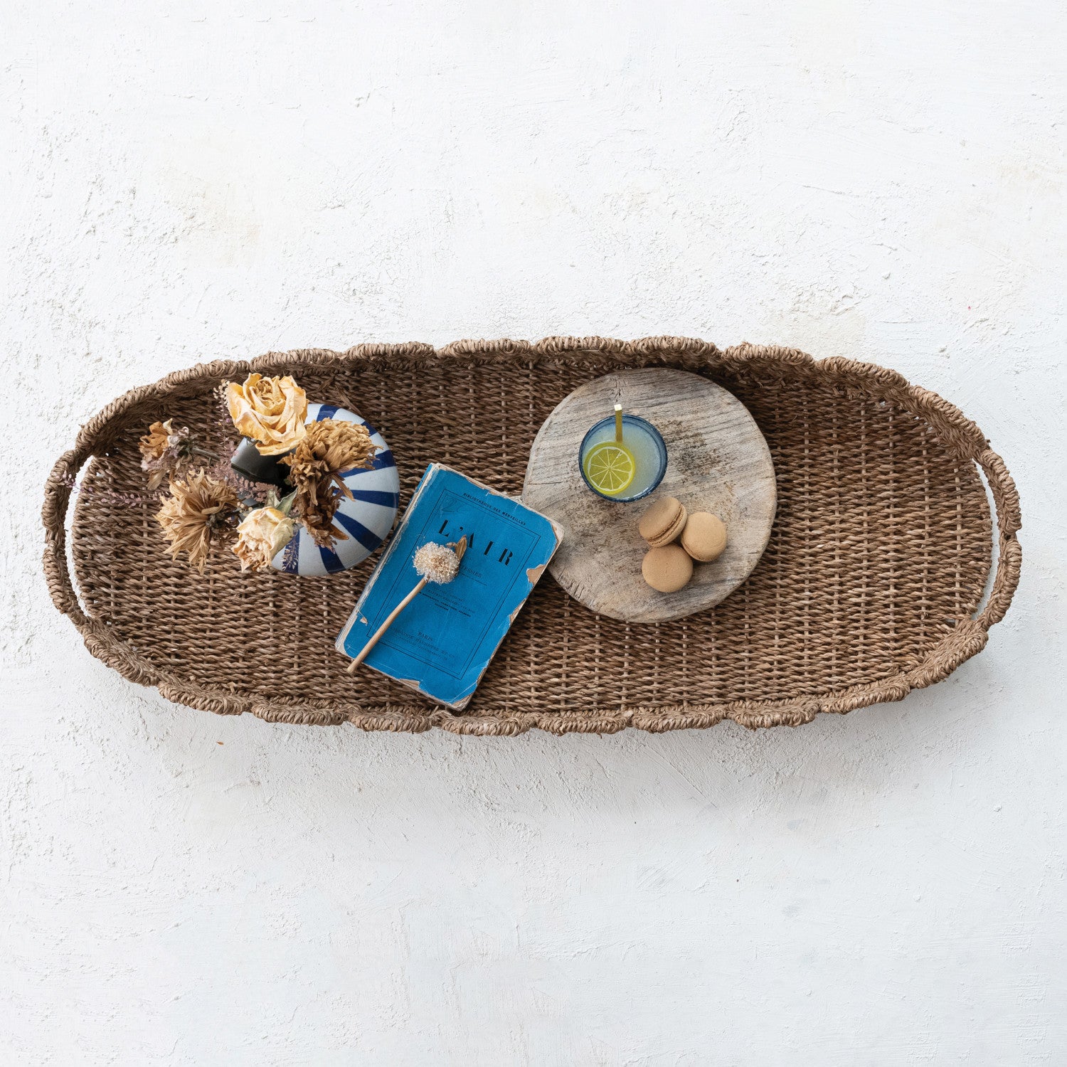Decorative Hand-Woven Bankuan Scalloped Tray with Handles - Natural