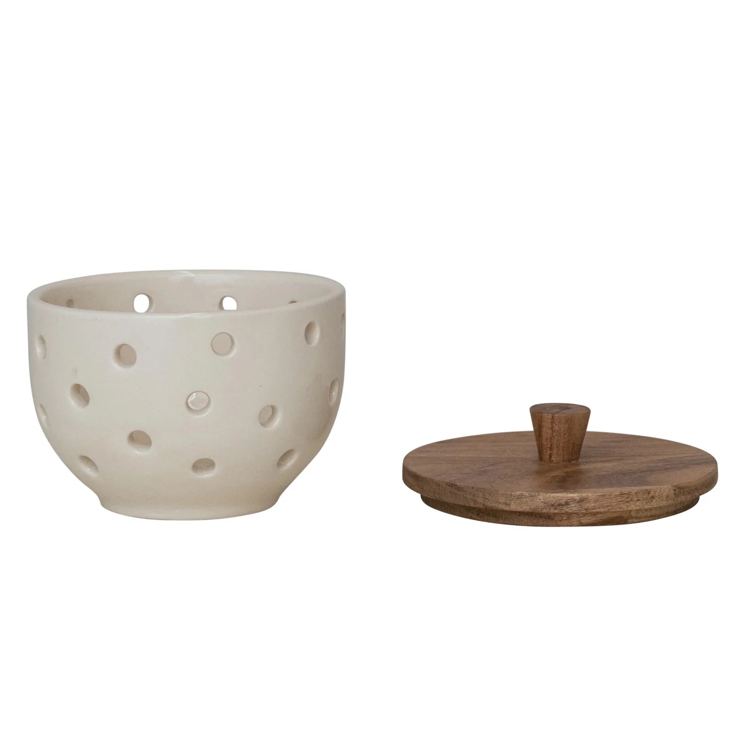 Stoneware Garlic/Onion Keeper w/ Mango Wood Lid - Cream Color & Natural
