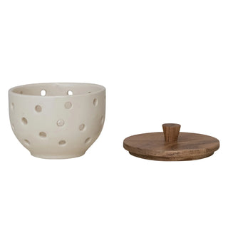 Stoneware Garlic/Onion Keeper w/ Mango Wood Lid - Cream Color & Natural