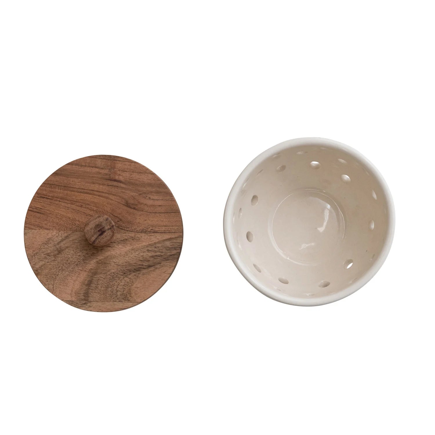 Stoneware Garlic/Onion Keeper w/ Mango Wood Lid - Cream Color & Natural