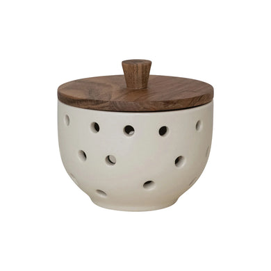 Stoneware Garlic/Onion Keeper w/ Mango Wood Lid - Cream Color & Natural