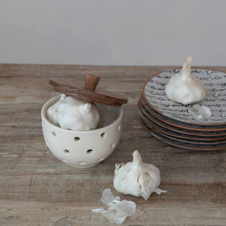 Stoneware Garlic/Onion Keeper w/ Mango Wood Lid - Cream Color & Natural