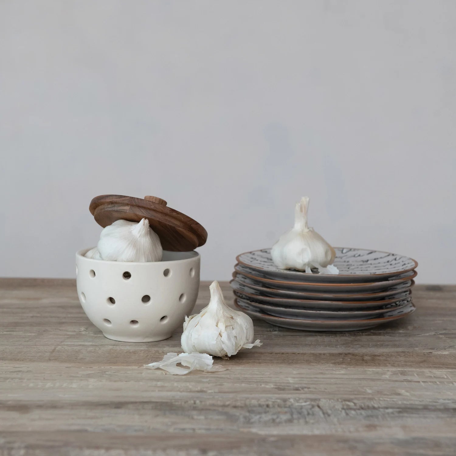 Stoneware Garlic/Onion Keeper w/ Mango Wood Lid - Cream Color & Natural