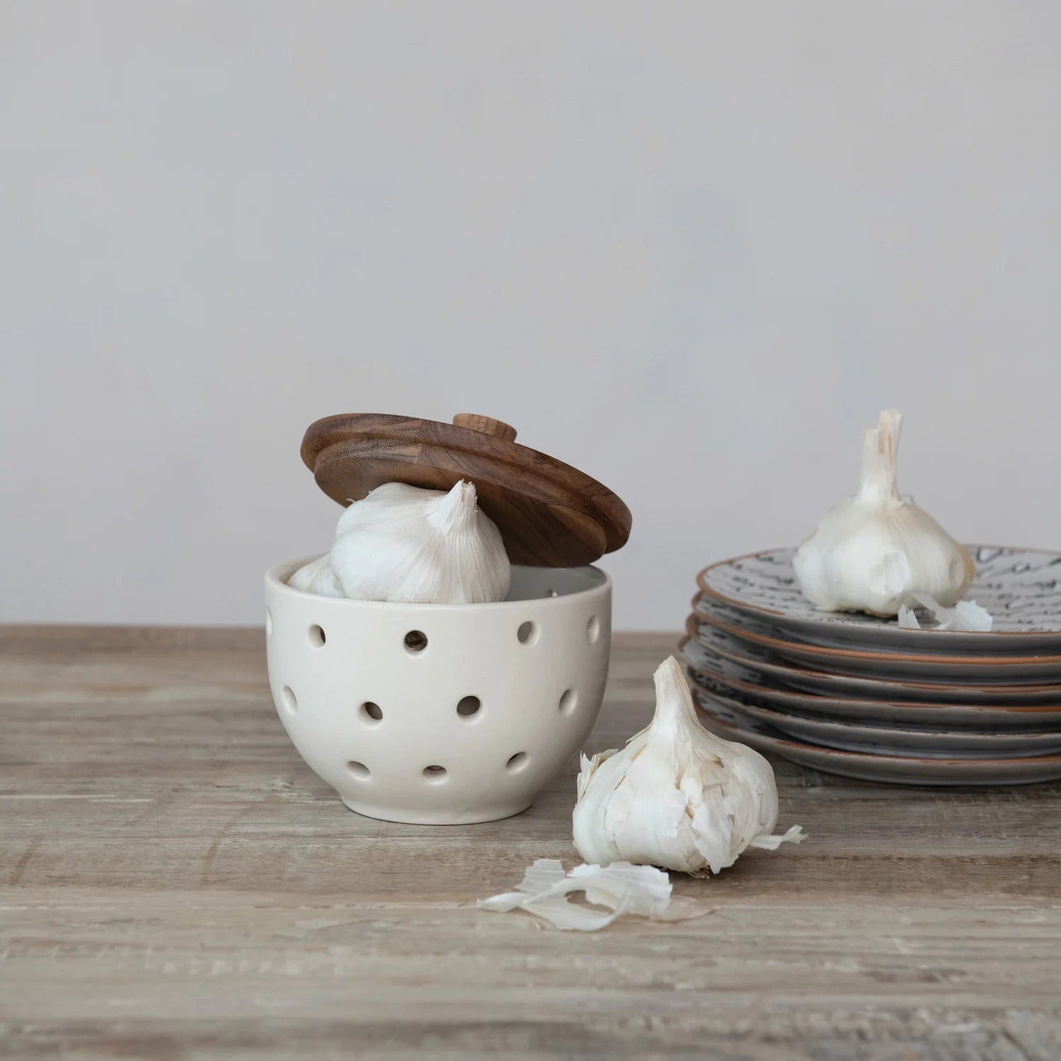 Stoneware Garlic/Onion Keeper w/ Mango Wood Lid - Cream Color & Natural
