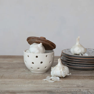 Stoneware Garlic/Onion Keeper w/ Mango Wood Lid - Cream Color & Natural