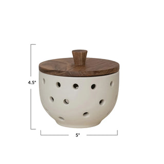 Stoneware Garlic/Onion Keeper w/ Mango Wood Lid - Cream Color & Natural