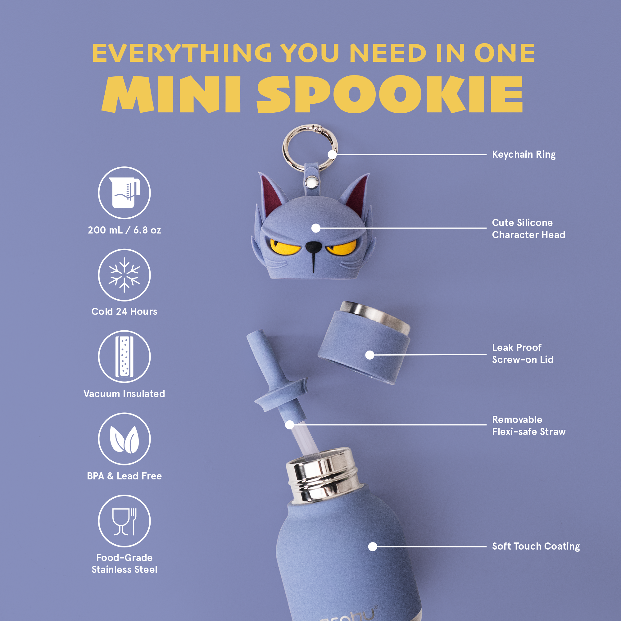 Asobu Spookies Mini Bestie Phantom Cat Water Bottle Bag Charm