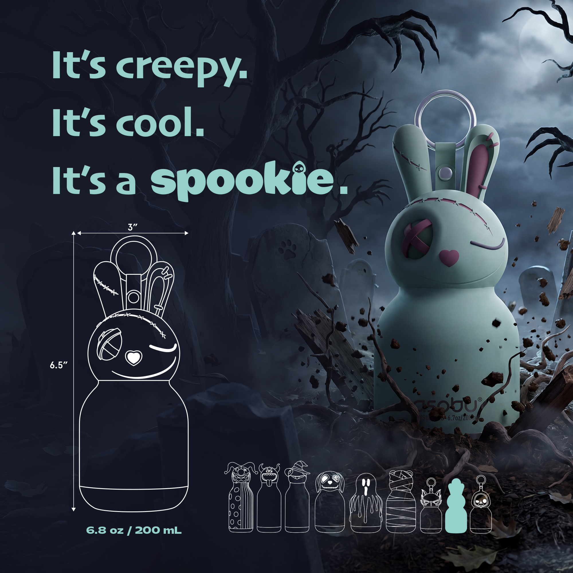 Asobu Spookies Mini Bestie Undead Bunny Water Bottle Bag Charm