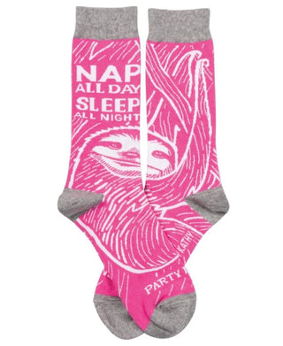 Nap All Day, Sleep All Night, Party Never Sloth Pink Funny Novelty Socks