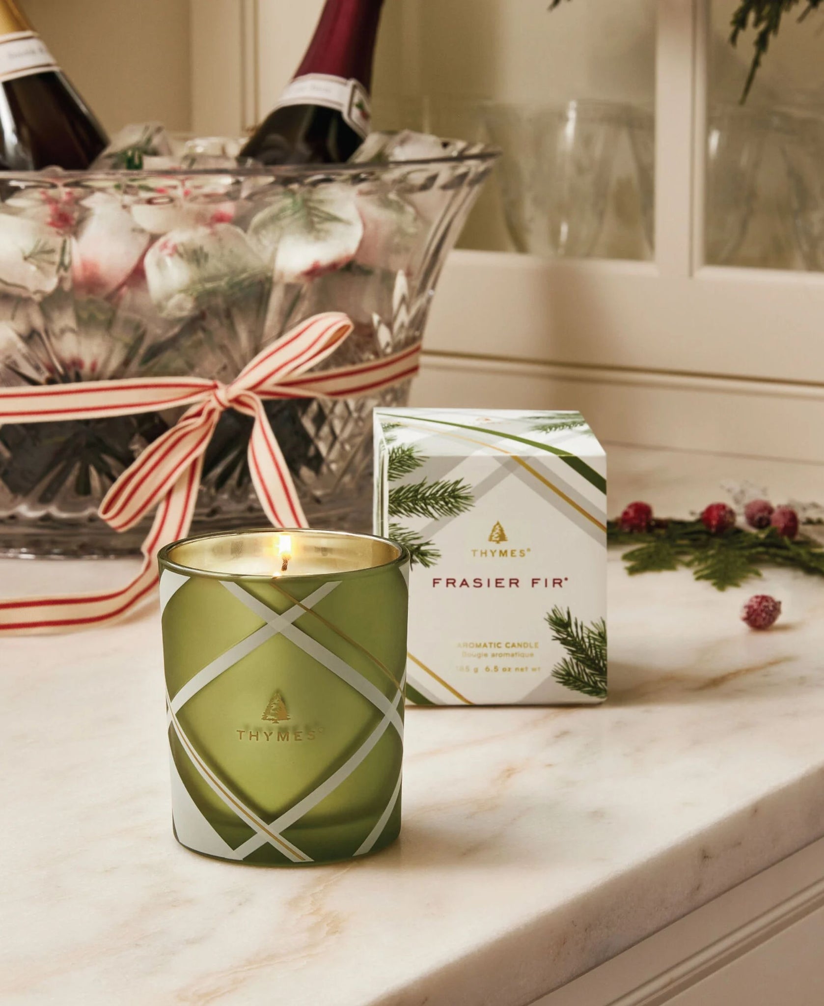 Thymes Frasier Fir Frosted Plaid 6.5 oz Poured Candle