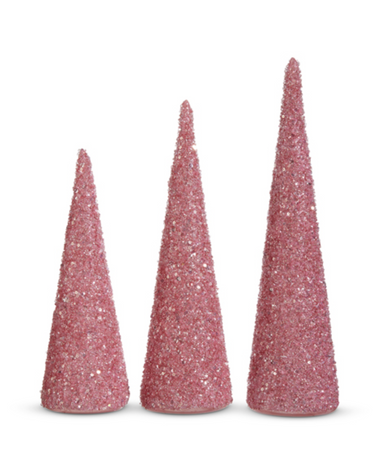 Lighted Pink Beaded Cone Trees - Set of 3