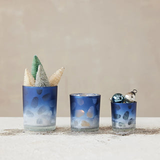 Laser Etched Glass Medium Tealight/Votive Holder with Pinecones, Blue