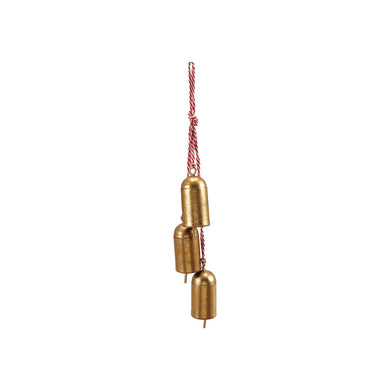 Hanging Metal Bells With Red & White Cord Hanger - Gold Finish