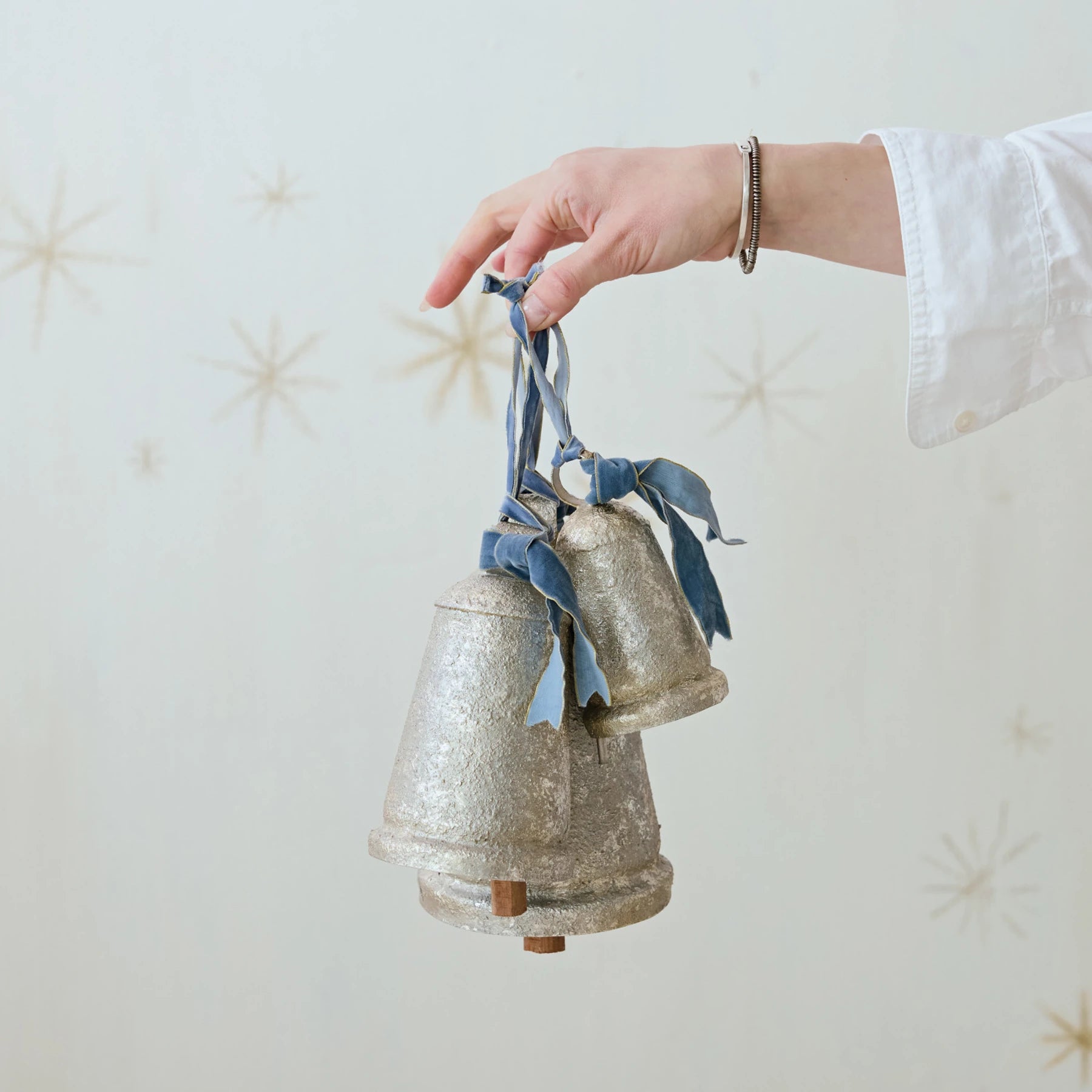 Metal Bell with Blue Velvet Ribbon, Antique Silver Finish