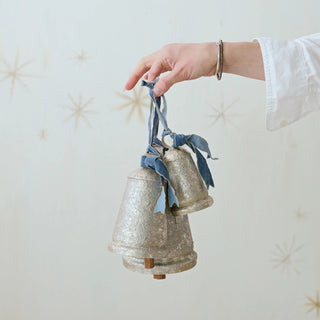 Metal Bell with Blue Velvet Ribbon, Antique Silver Finish