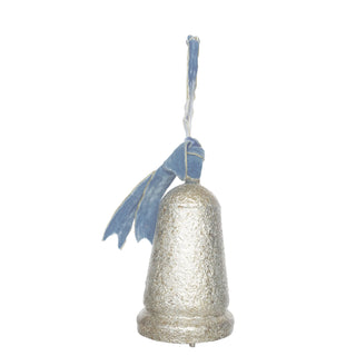 Metal Bell with Blue Velvet Ribbon, Antique Silver Finish