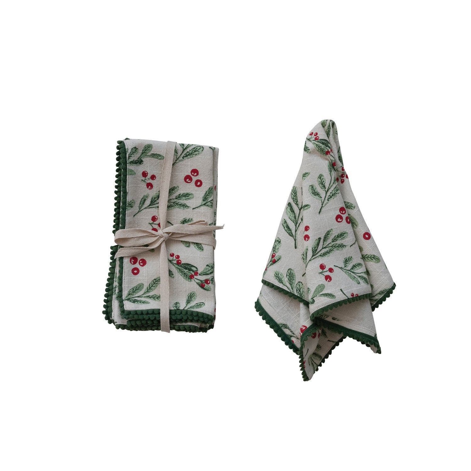 Square Cotton Slub Mistletoe Napkins With Mini Pom Pom Trim