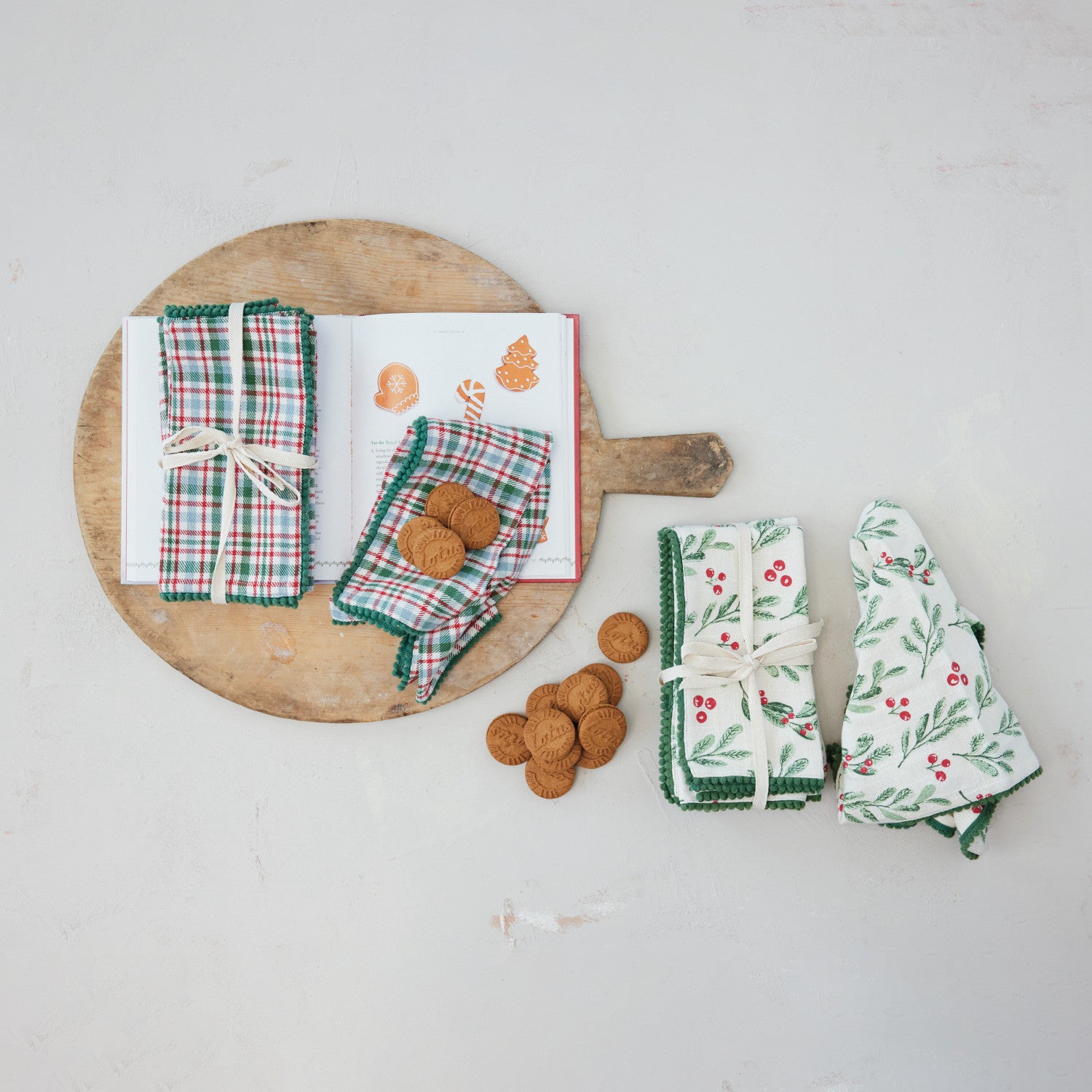 Square Cotton Slub Mistletoe Napkins With Mini Pom Pom Trim