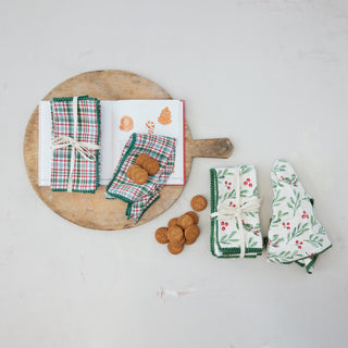 Square Cotton Slub Mistletoe Napkins With Mini Pom Pom Trim