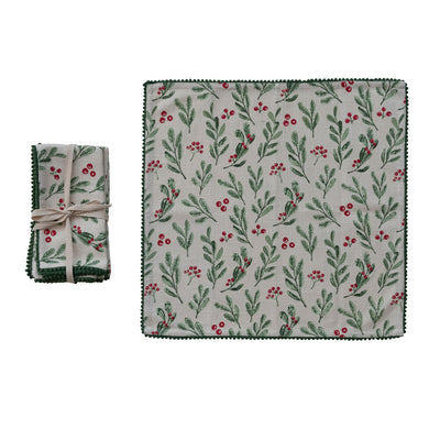 Square Cotton Slub Mistletoe Napkins With Mini Pom Pom Trim