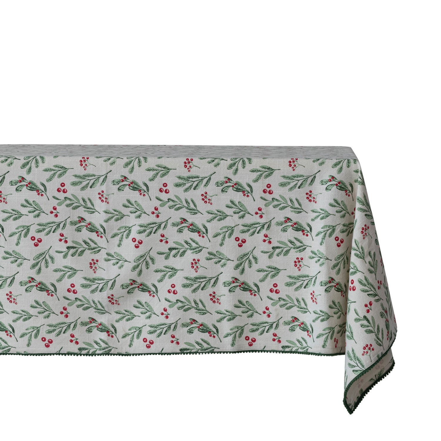 Cotton Table Cloth With Mistletoe Pattern Mini Pom Pom Trim