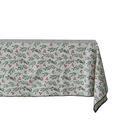 Cotton Table Cloth With Mistletoe Pattern Mini Pom Pom Trim