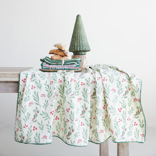 Cotton Table Cloth With Mistletoe Pattern Mini Pom Pom Trim