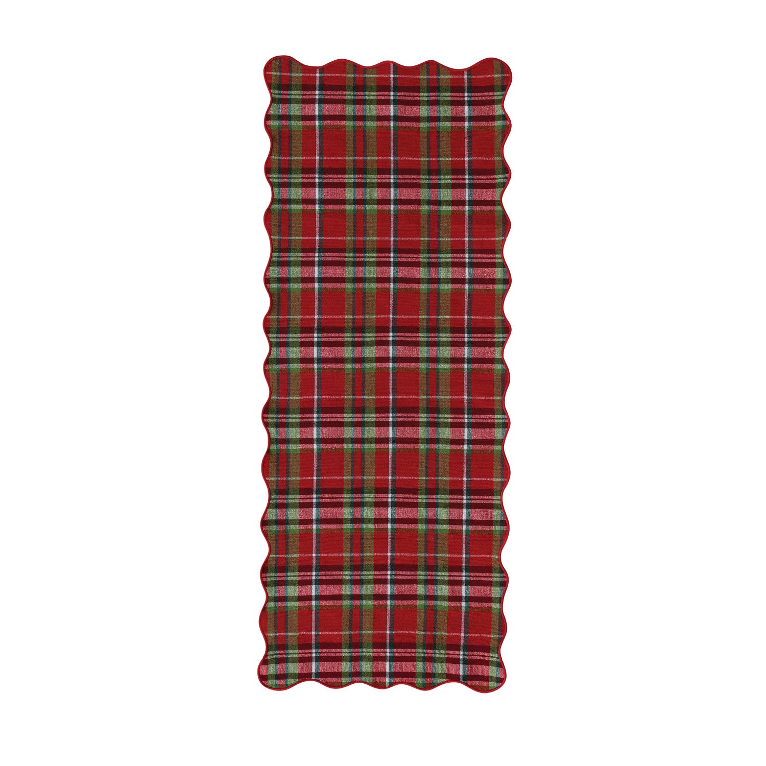 Cotton Scalloped Table Runner With Tartan Plaid Pattern