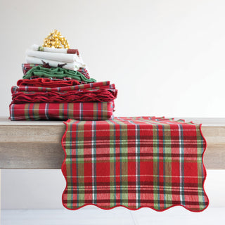 Cotton Scalloped Table Runner With Tartan Plaid Pattern