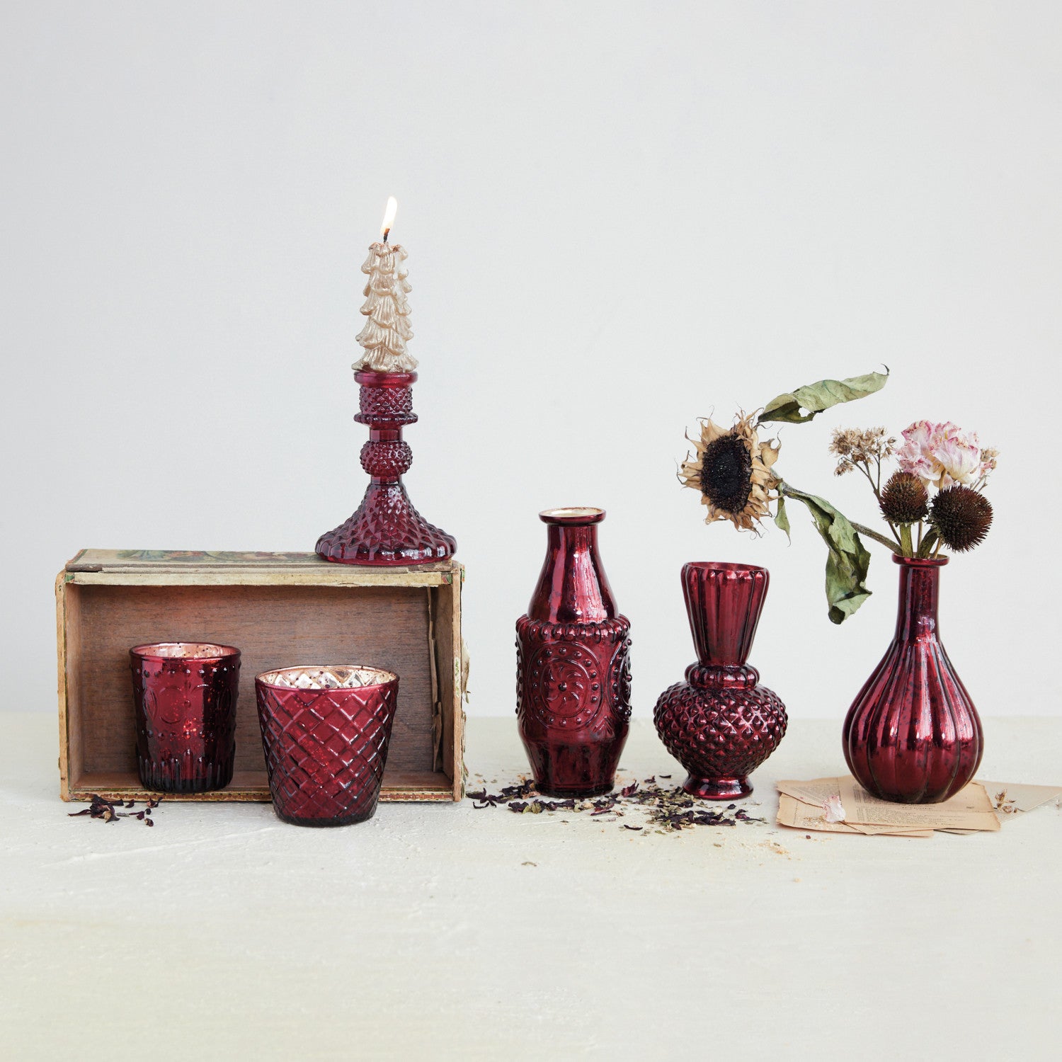 Embossed Mercury Glass Tealight/Votive Candle Holder -Burgundy