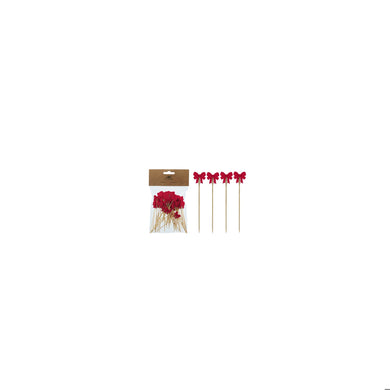 Bamboo Picks W/ Bow Shaped Handles, Natural & Red, Set of 50
