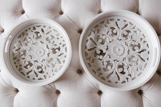 Carved White Round Floral Tray with Glass - Small