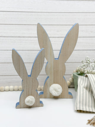 Minimalist Blue-Trimmed Wood Easter Bunnies