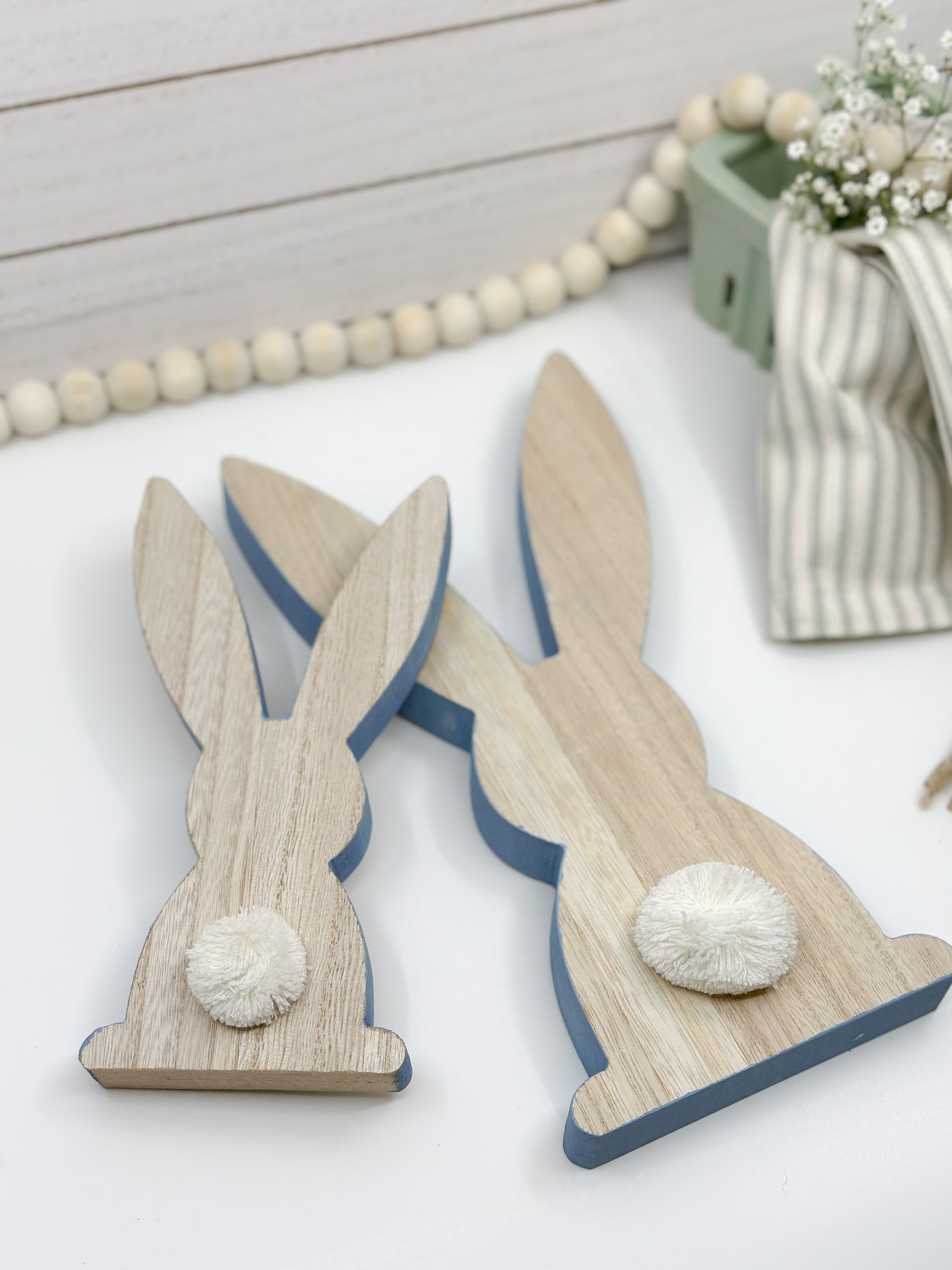 Minimalist Blue-Trimmed Wood Easter Bunnies