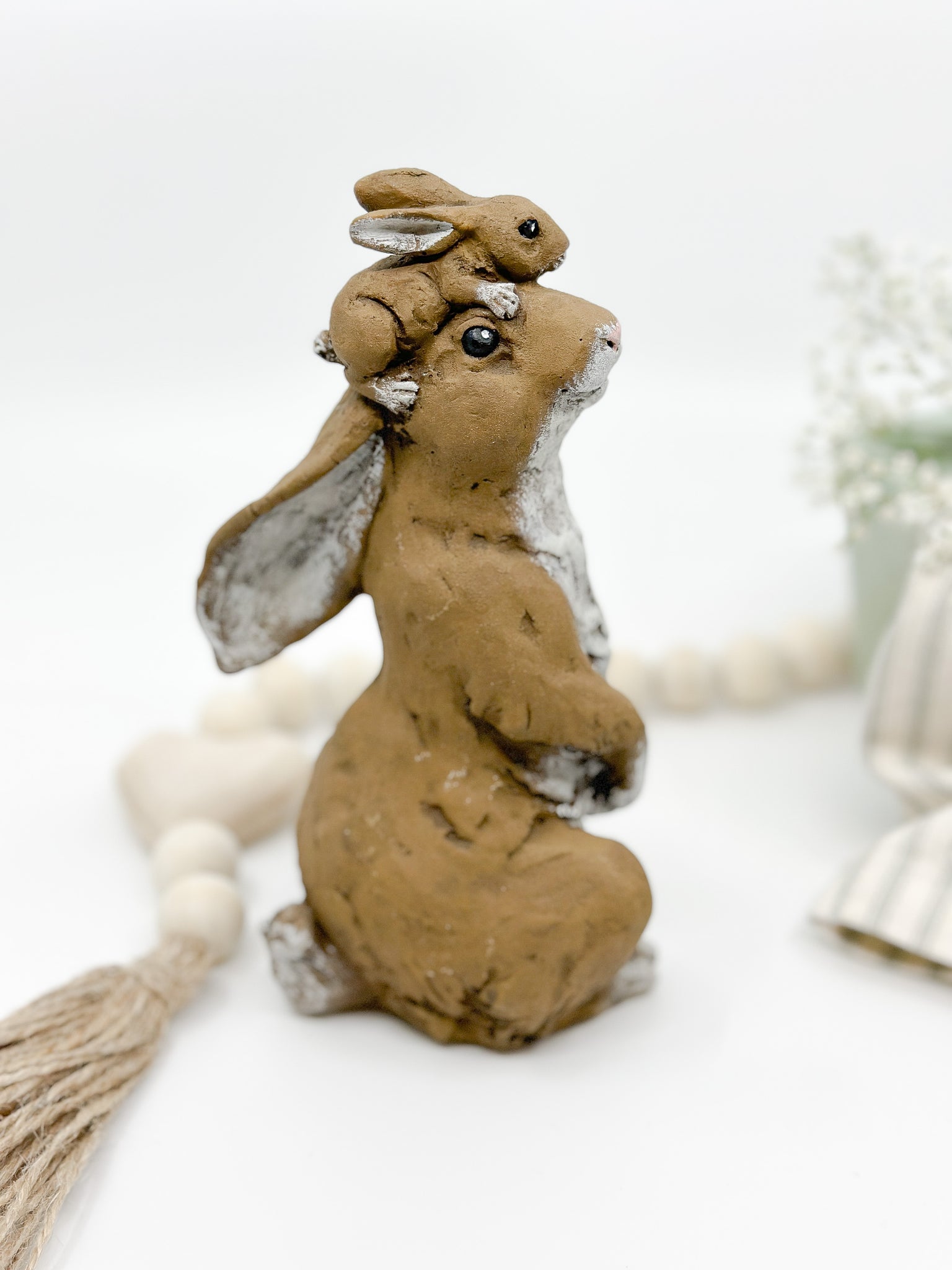 Easter - Mama Bunny with Her Baby on Her Head Figurine