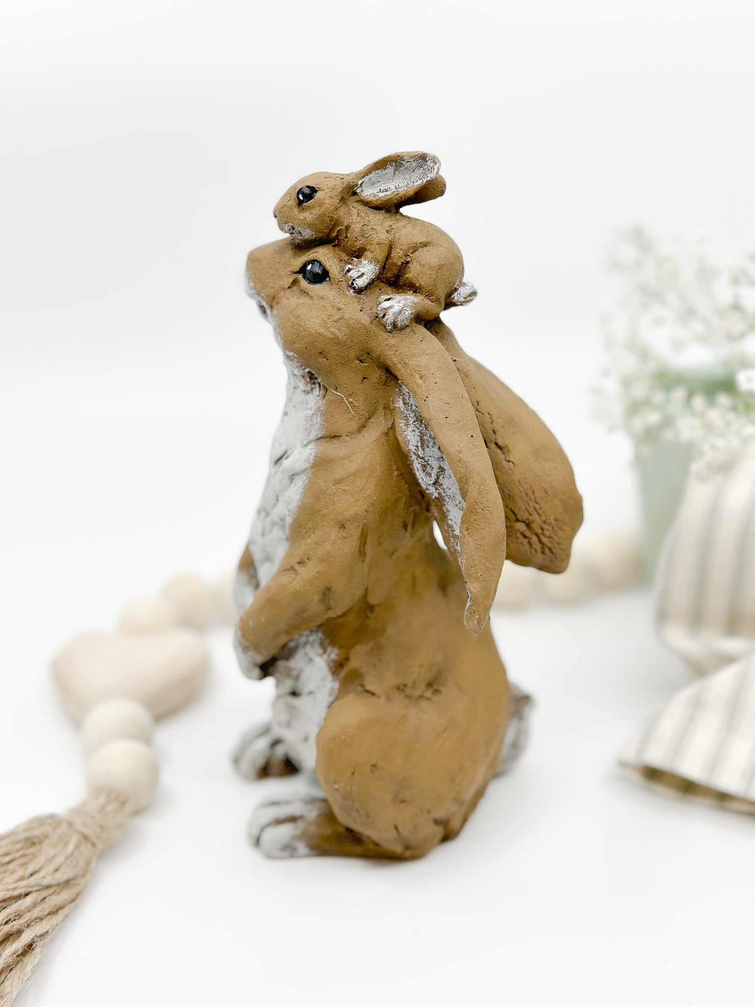 Easter - Mama Bunny with Her Baby on Her Head Figurine