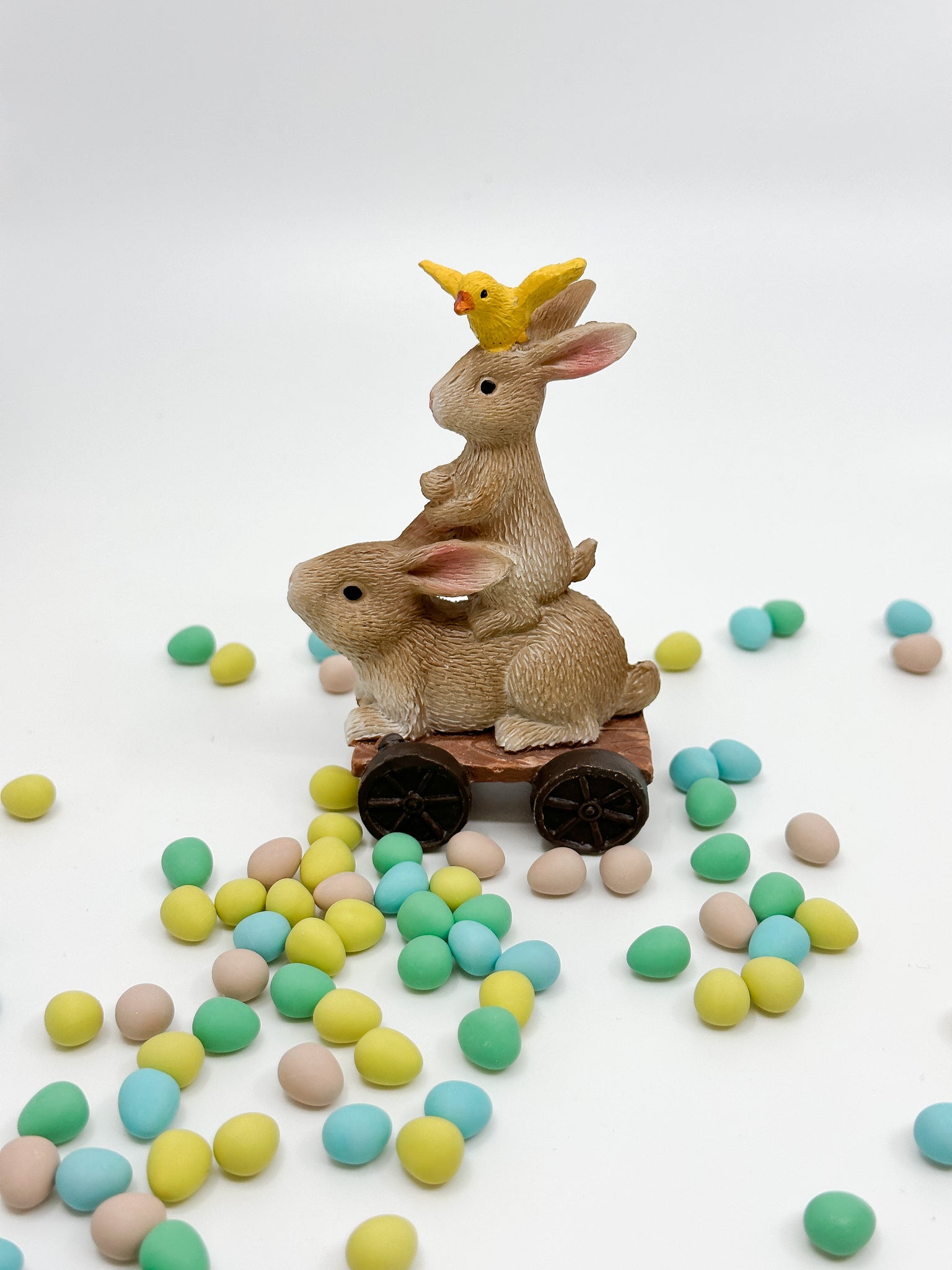 Easter Bunnies and Bird on Cart Small Figurine