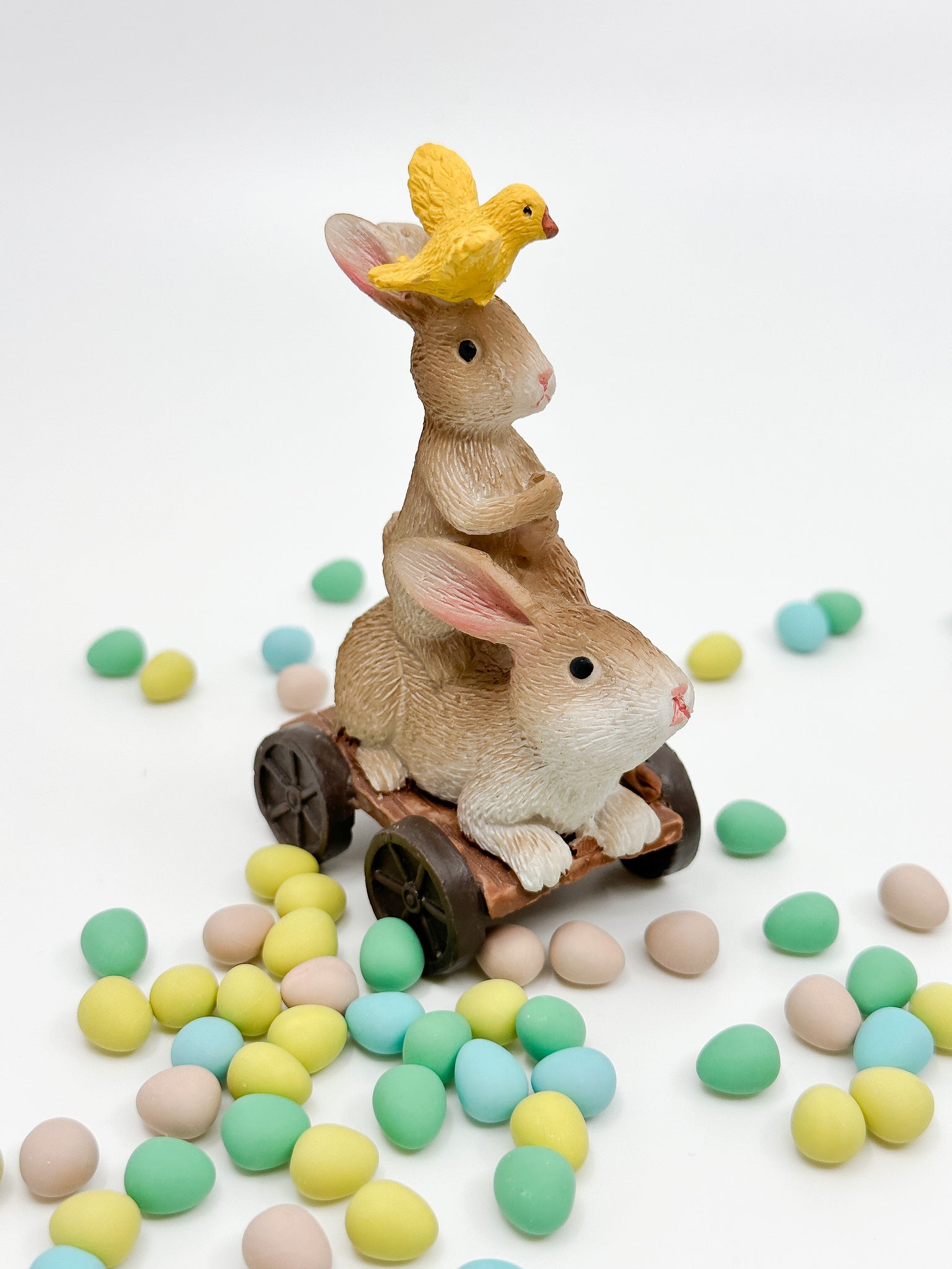 Easter Bunnies and Bird on Cart Small Figurine