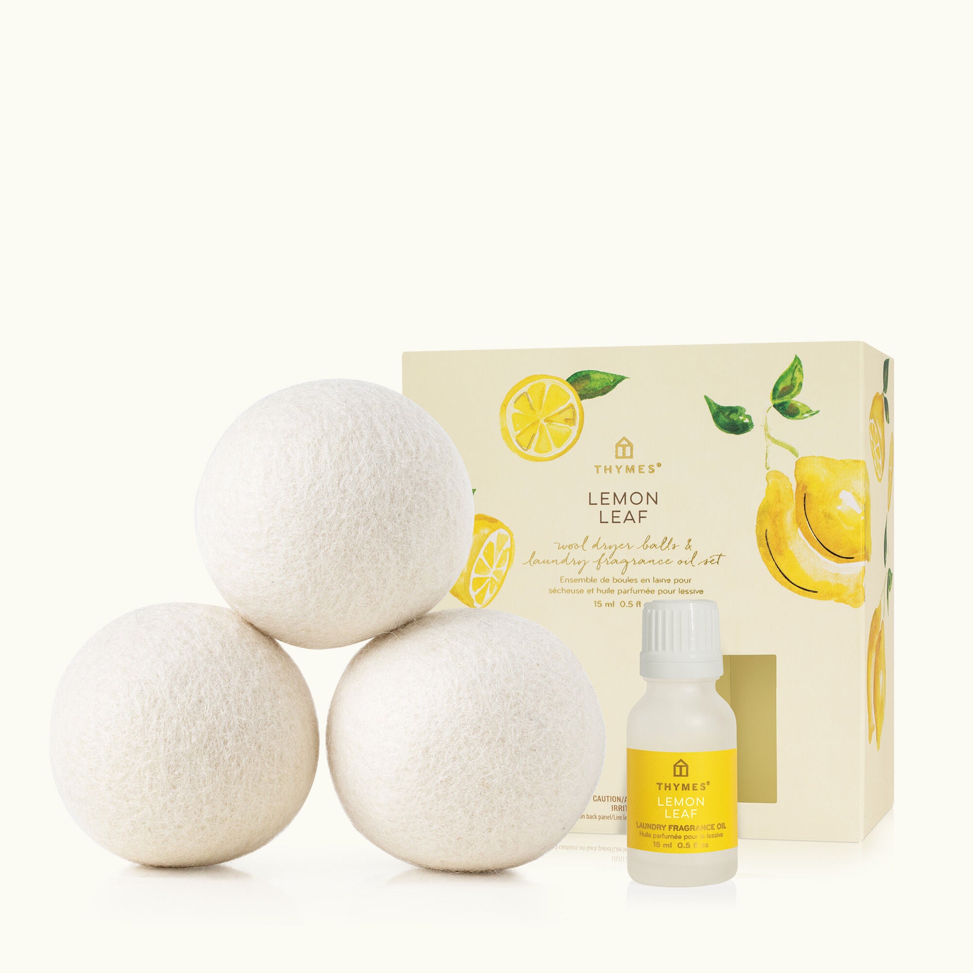 Thymes Lemon Leaf Wool Dryer Balls & Laundry Fragrance Oil Set