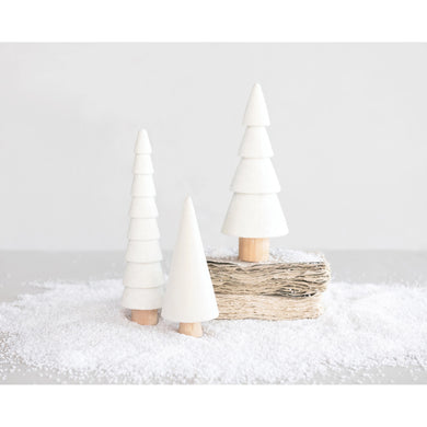 Flocked Wood Trees with Glitter, White, Set of 3