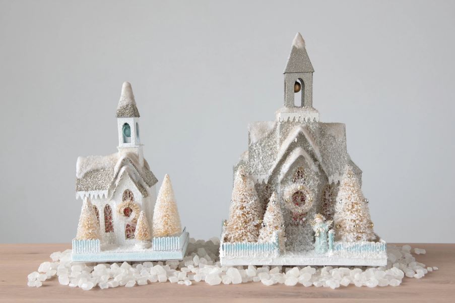 Paper Church with Bottle Brush Trees and LED