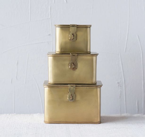 Square Decorative Metal Boxes With Brass Finish - Set of 3