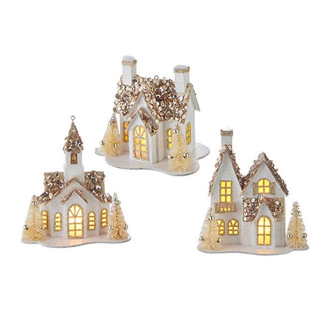 White and Gold Lighted House Christmas Ornaments