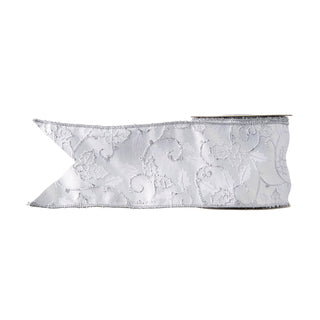 White Embroidered Holly Wired Ribbon