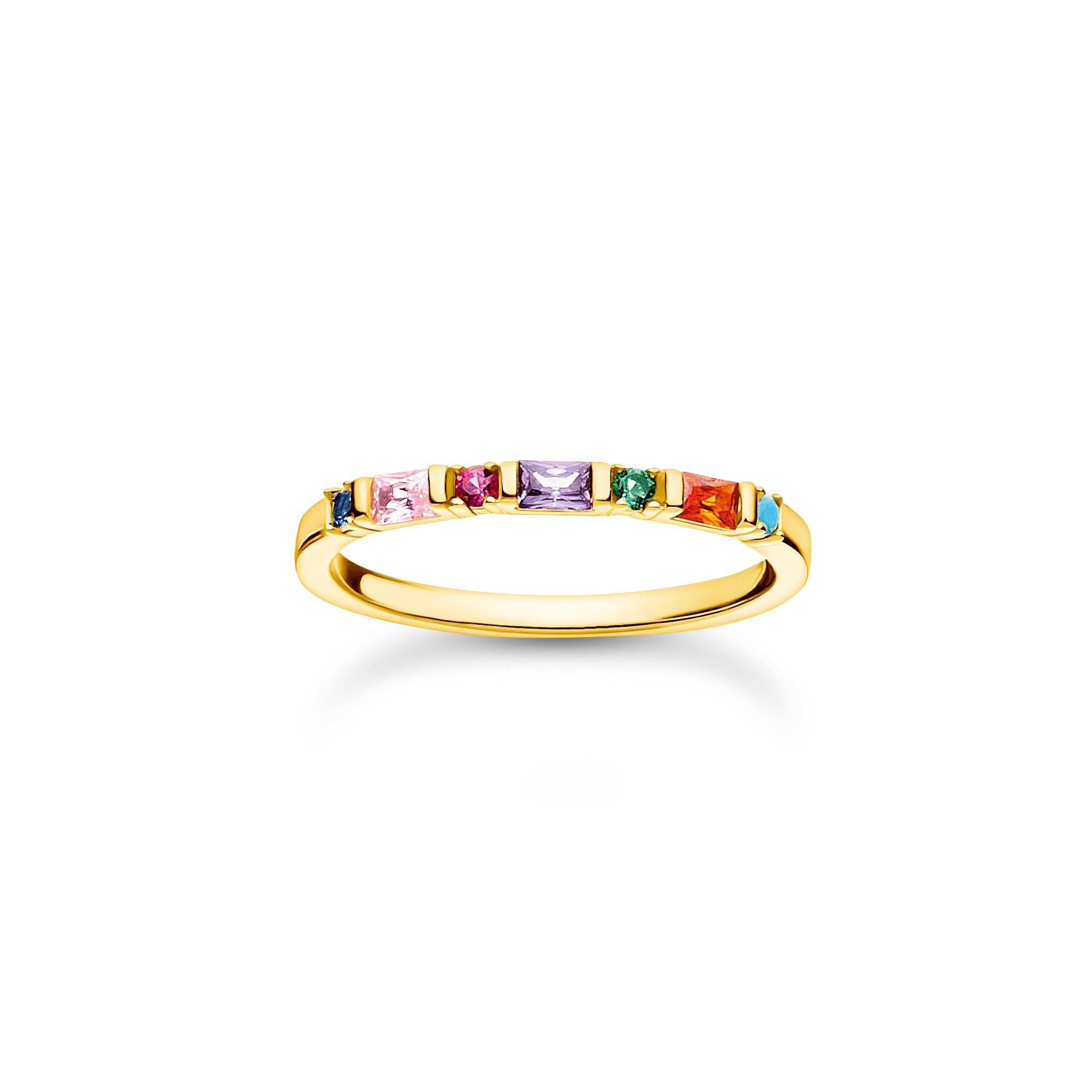 Baguette And Round Cut Rainbow Stone Ring - Gold