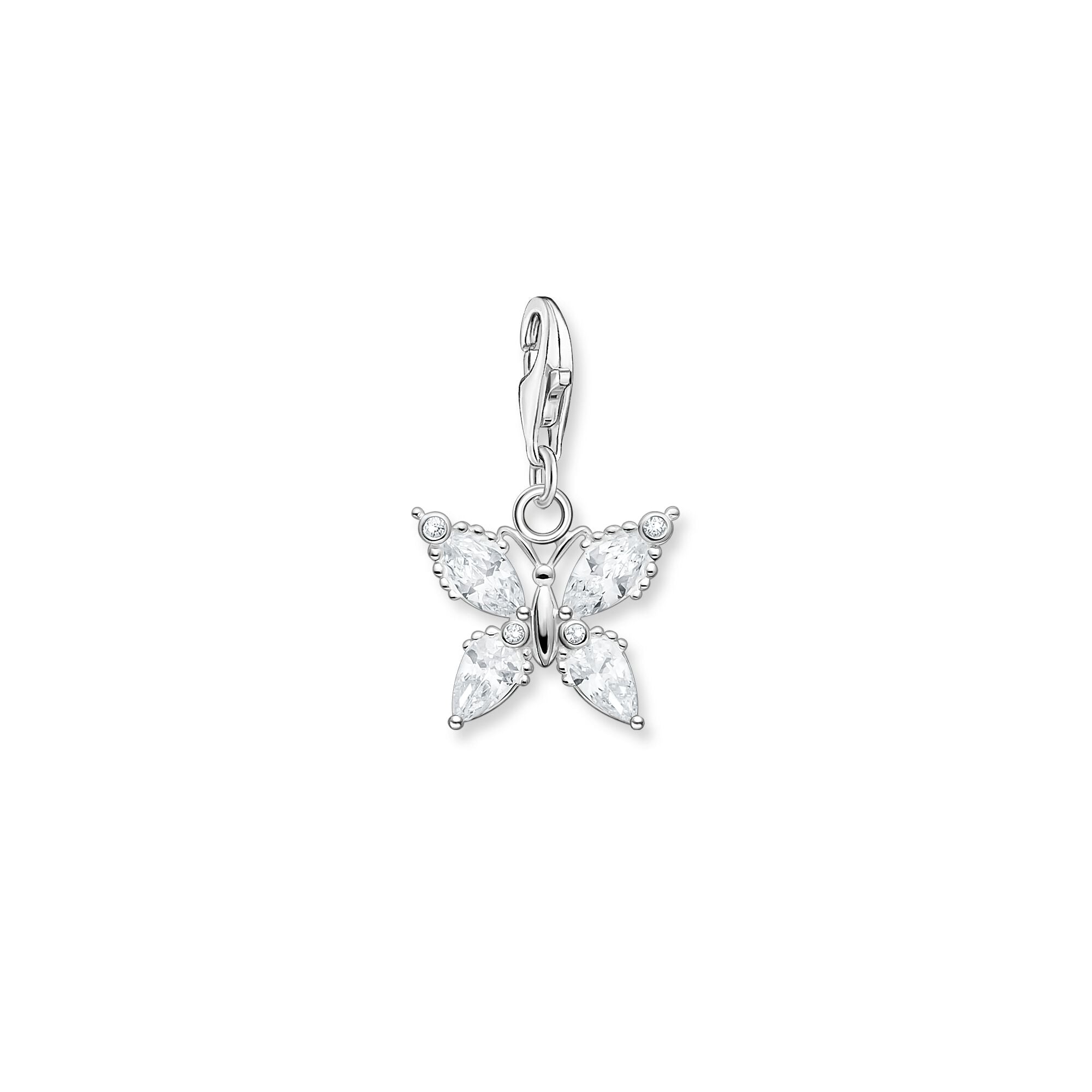 White Stone Butterfly Charm Pendant - Silver