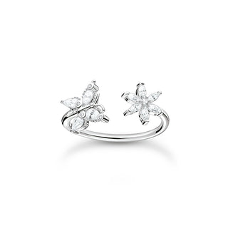 White Stone Butterfly and Flower Open Ring - Silver