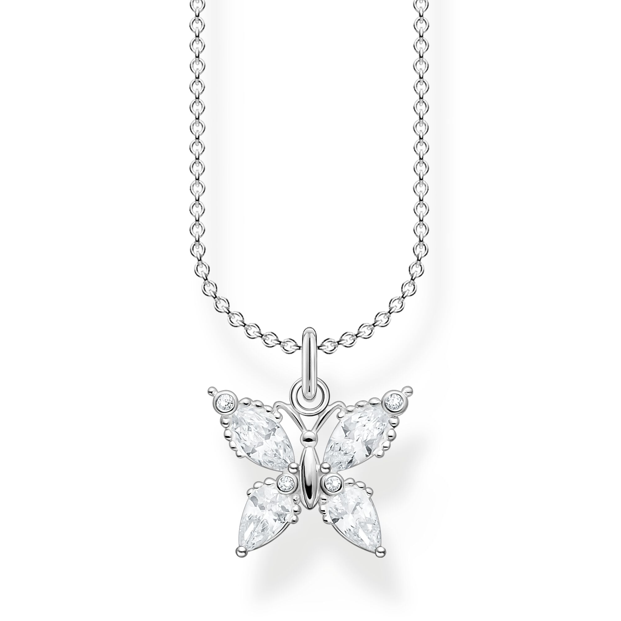 White Stone Butterfly Necklace - Silver