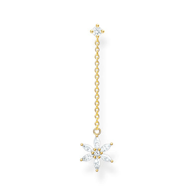 Single Ear Stud White Stone Flower With Chain - Gold