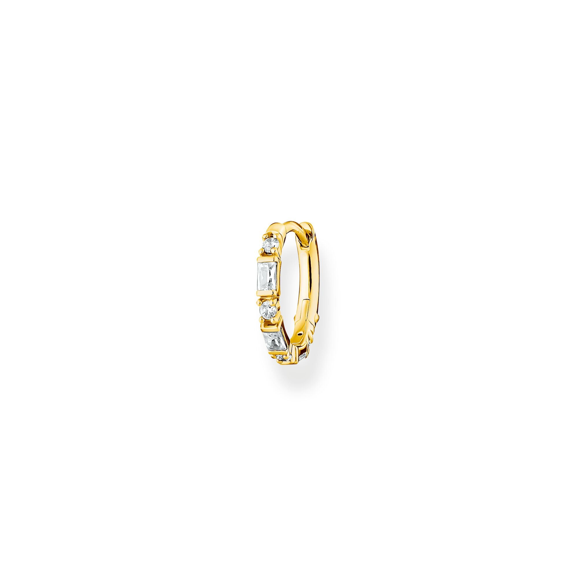 Single Hoop Earring Baguette And Round Cut White Stones - Gold